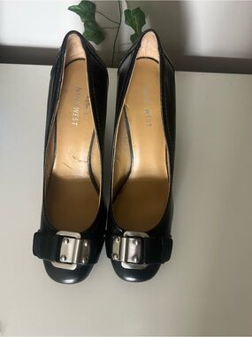 Nine West Black Leather Heels with Silver Buckle